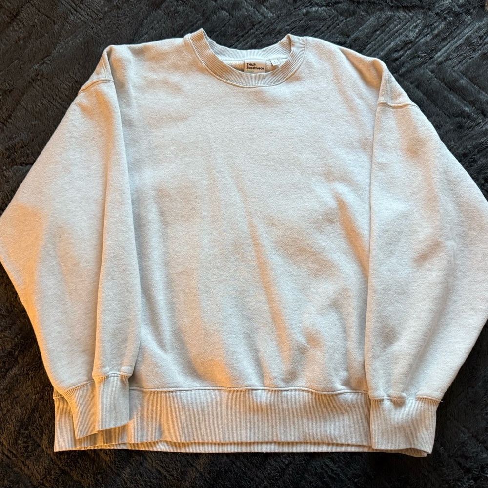 TNA Cozy Fleece Boyfriend Crewneck Sweatshirt | Light Grey | Size L